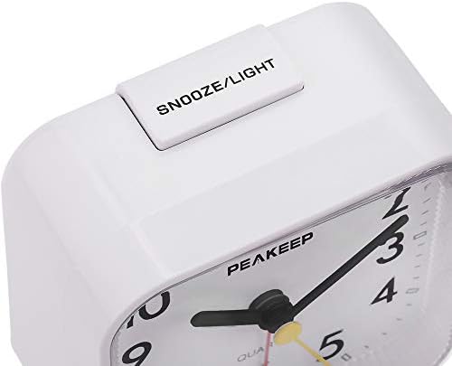 Peakeep Small Battery Operated Analog Travel Alarm Clock Silent | No Ticking, Lighted on Demand and Snooze, Beep Sounds, Gentle Wake, Ascending Alarm, Easy Set (Black)