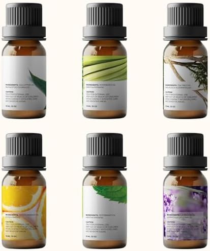 Essential Oils Set by Pure Aroma - Top 6 Aromatherapy Oils Gift Set-6 Pack, 10ml (Eucalyptus, Lavender, Lemongrass, Sweet Orange, Peppermint