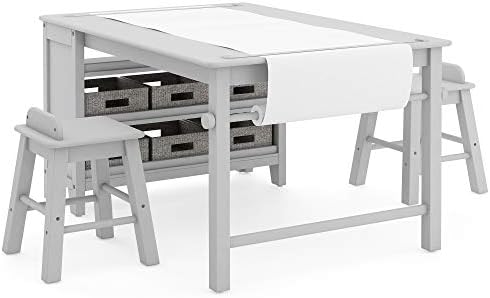 Martha Stewart Kids' Art Table and Chair Set - Linen White: Wooden Kids Play Table for Arts and Crafts | Coloring Desk with Paint Cups