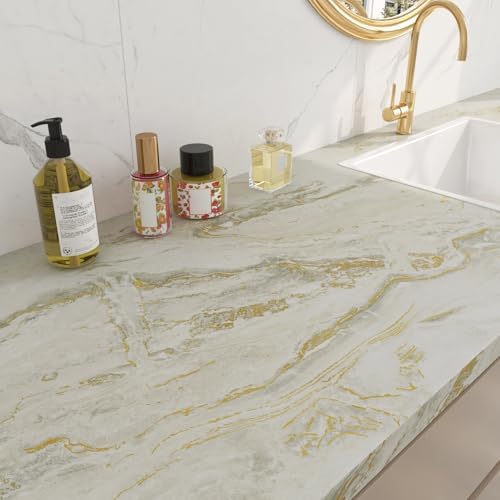 Yenhome Marble Countertop Contact Paper Waterproof Beige Gold Grey Marble Contact Paper for Countertops 17.7"X118" Self Adhesive Marble Wallpaper for Kitchen Matte Peel and Stick Countertop Wrap Vinyl
