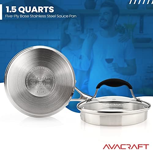 AVACRAFT 2.5 Quart Stainless Steel Saucepan with Glass Strainer Lid | 18/10 Stainless Steel, 5-Ply Capsule Base, Dual Pour Spouts, Induction Compatible, Ergonomic Handle, Dishwasher Safe
