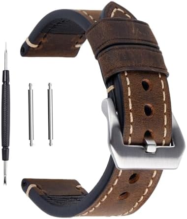 Dark Brown 22mm Genuine Leather Wristwatch Watch Band Oil Tan Vintage Strap for Men with Stainless Buckle