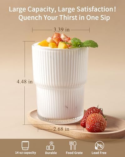 6PCS Ribbed Drinking Glasses, 14Oz Stackable Glass Cup Set for Bar & Kitchen | Fluted Designed