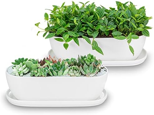 E-liu 11 Inch Oval Ceramic Planter Pot with Drainage Hole Saucers