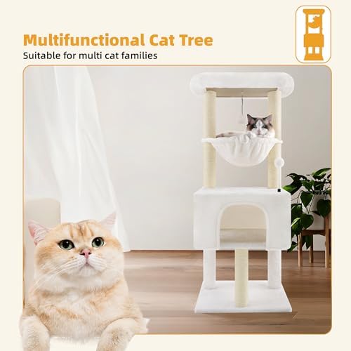 32" Cat Tree for Indoor Cats, 2-in-1 Cat House with Sisal Scratching Post & Ramp, 2-Level Cat Tower with Rotatable Feather & Ball Toys, Stable Grey Cat Condo for Small/Medium Cats, Grey