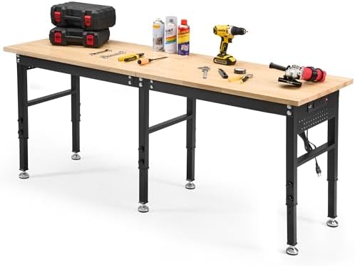 48" Adjustable Rubberwood Workbench with Foldable Extension Board & Power Outlet, Extra Large 48x32In 9-Level Height 27"-37", 2000 LBS Heavy Duty for Workshop Garage Office Home