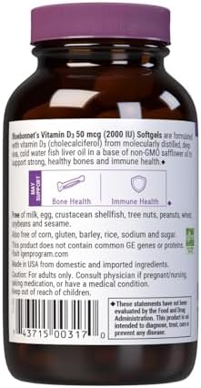 BlueBonnet Nutrition Vitamin D3 2000 IU, 100 Softgels | Strong Bones & Immune Support; Non-GMO