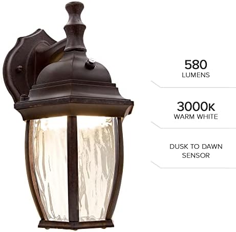 Maxxima LED Brown Outdoor Wall Light, 580 Lumens 3000K, Dusk to Dawn Sensor | Clear Water Glass, Warm White, Photocell Sensor, Exterior Patio or Porch Sconce Fixture