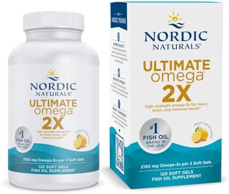 Nordic Naturals Ultimate Omega 2X, 2150mg Fish Oil, Lemon - 60 Count | High-potency 2X formula with EPA & DHA for brain & heart health. Non-GMO soft gels. 30 servings.
