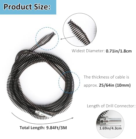 Amonk 10mm Drill Snake for Plumbing Drain Auger Cable with Adapter, 9.84Ft/3M | Heavy-Duty, Flexible&Reusable, Drain Clog Remover for Bathroom