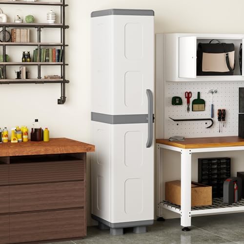 GIANTEX Storage Cabinet with 2 Doors and Adjustable Shelves, Modern Plastic Base Garage Organizer, Floor Sideboard for Kitchen, Dining Room, Bathroom (Wide-29"x19"x37",White+Brown)