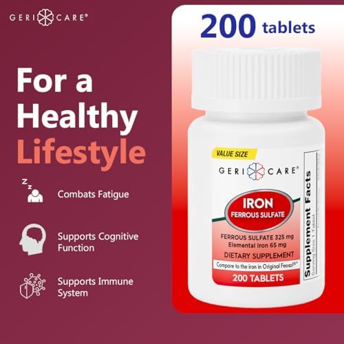 GeriCare Ferrous Sulfate Tablets 325mg, Elemental Iron 65 mg High Potency Iron Supplement | Dietary Supplement 100 Count. (Pack of 1)