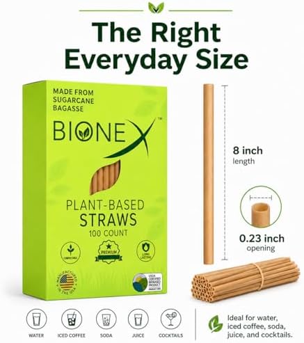 Bionex 8” Sugarcane Straws, 100 Count – Biodegradable & Compostable Disposable Drinking Straws, Made in USA