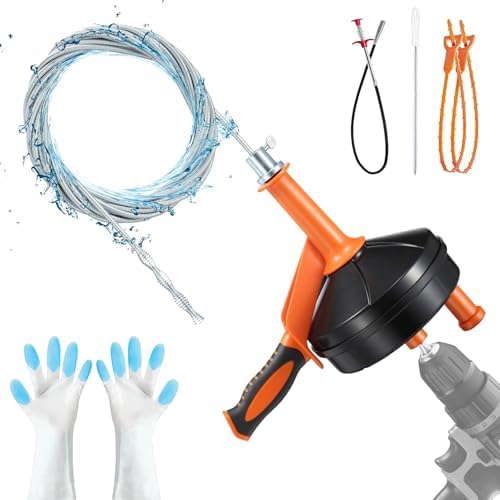 Drain Auger, 25 Feet Plumbing Snake Drain Clog Remover Tool 4-in-1 Set | Included Drain Clog Remover, Hair Clog Remover, Cleaning Brush, for Kitchen