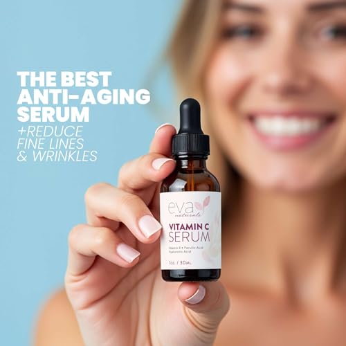 Eva Naturals Vitamin C Serum 20%, Hyaluronic & Ferulic Acid, 1 oz | Vitamin E, dark spots, acne, anti-aging, glow, even skin tone