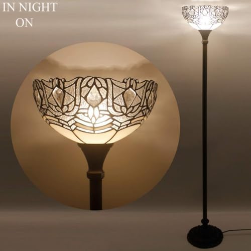 WERFACTORY Tiffany Floor Lamp White Crystal Stained Glass Torchiere Light | 12X12X71 Inches Pole Standing Corner Torch Uplight Decor Bedroom Living