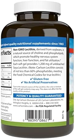 Carlson Lecithin, Non-GMO, 1200 mg, 100 Softgels | Nervous System Health; Liver Function; Unbleached Soy Lecithin