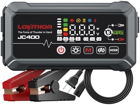 LOKITHOR JC400 2A Car Battery Charger and 2500A Jump Starter | 750mA/1A/2A, 6V/12V Automotive Battery Maintainer, Trickle Charger and Desulfator