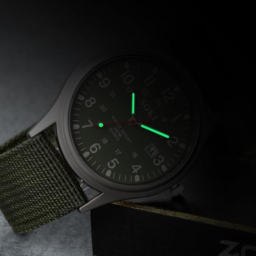 Lancardo Analog Quartz Watch with Woven Nylon Band Calendar Luminous Hand Military Time 24H (Army Green) for Christmas