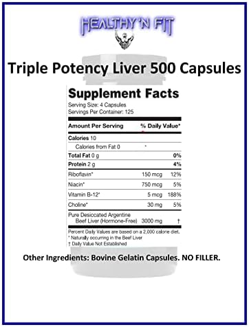 Healthy 'N Fit Triple Potency Liver (500 Capsule Mega-Value) - Pure Argentine Desiccated Beef Liver. Grass Fed, Hormone Free, Pasture Raised