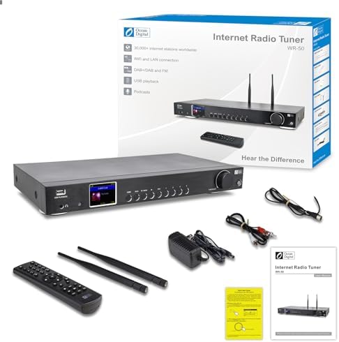 Ocean Digital WR-50 Internet Radio Tuner Component Wi-Fi, Ethernet LAN, Podcasts, Stereo Outputs to Connect Hi-Fi System, Bluetooth Receiver