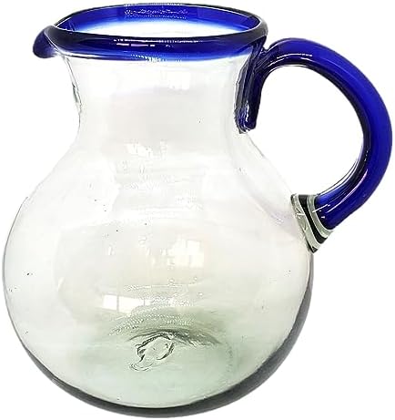 Cobalt Blue Rim 120 oz Pitcher and 6 Drinking Glasses set, Recycled Glass, Lead-free, Toxin-Free (Pitcher & Glasses)
