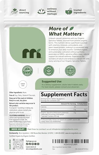 Micro Ingredients Organic Spirulina Supplement, 720 Tablets (4 Month Supply), No Filler & Non-GMO, Rich in Vegan Protein, Vitamins & Prebiotics