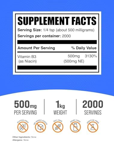 BulkSupplements.com Niacin Powder - Vitamin B3 Supplement, Niacin Flush - Gluten Free, 500mg per Serving, 250g (8.8 oz) (Pack of 1)