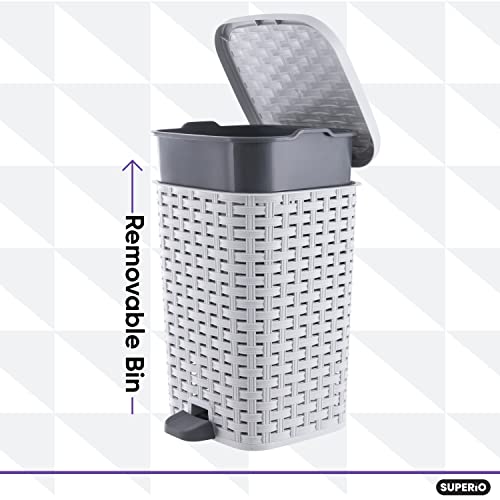 Superio Mini Trash Can with Foot Pedal Small Outdoor Garbage Can with Lid, 1.5 Gallon Plastic Waste Basket for Bathroom, Bedroom, Kitchen, Office, Patio (Wicker Brown 6 QT.)