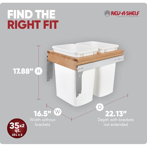 Rev-A-Shelf Top Mount Double Pullout Under Cabinet 35 Quart Kitchen Trash Cans, 150 Pound Rated Full-Extension Slides, 4WCTM-18DM2-419-FL