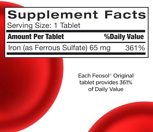 Feosol Original Iron Supplement Tablets, Non-heme, 65mg Iron per Pill, 1 Per Day, 120ct, 4 Month Supply, for Energy and Immune System Support, Made in USA