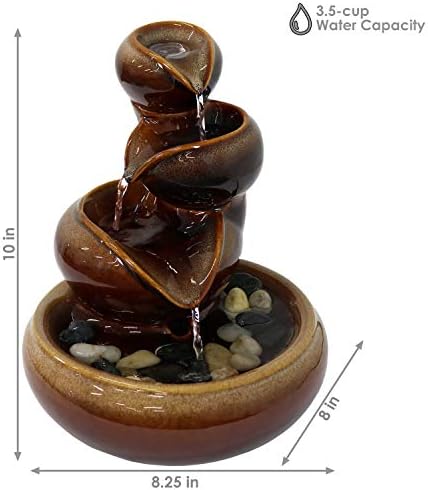 Sunnydaze 10" Tiered Vessels Ceramic Tabletop Fountain, Smooth Glaze, Brown