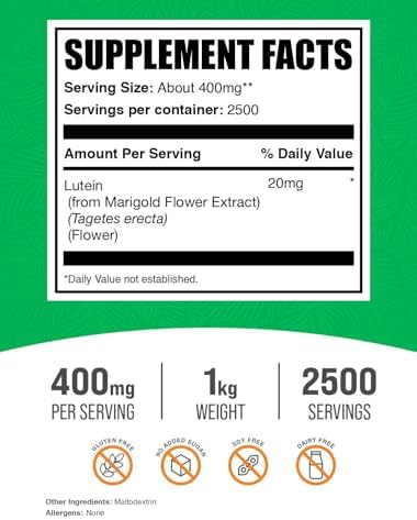 BulkSupplements.com Lutein Powder - from Marigold Flower Extract, Eye Supplement, Lutein 20mg - Antioxidant Source, Gluten Free, 400mg per Serving, 250g (8.8 oz) (Pack of 1)