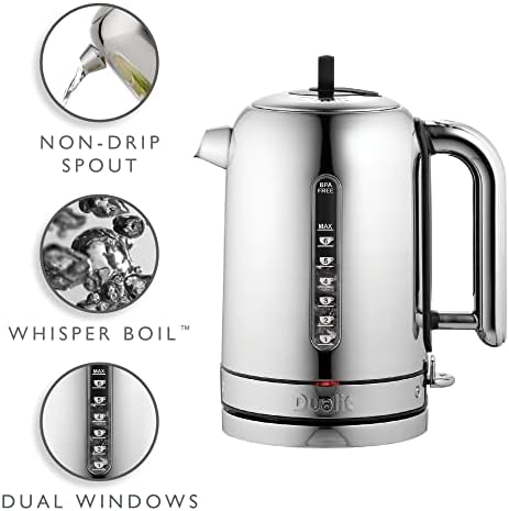 Dualit Classic Kettle - Polished Stainless Steel with Black trim- Quiet boiling kettle - 90 Second Boil Time - 1.7L Capacity, 1.5kW