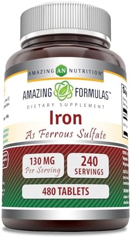 Amazing Formulas Iron as Ferrous Sulfate Supplement | 130 Mg per Serving | 240 Tablets | Non-GMO | Gluten-Free | Made in USA