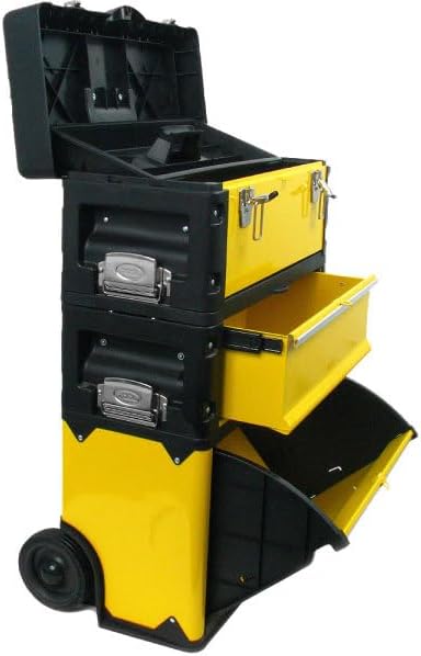 Portable Tool Box on Wheels - Stackable 3-in-1 Chest for Workshops and Craft Rooms - Foldable Comfort Handle and Latches by Stalwart (Black/Yellow)