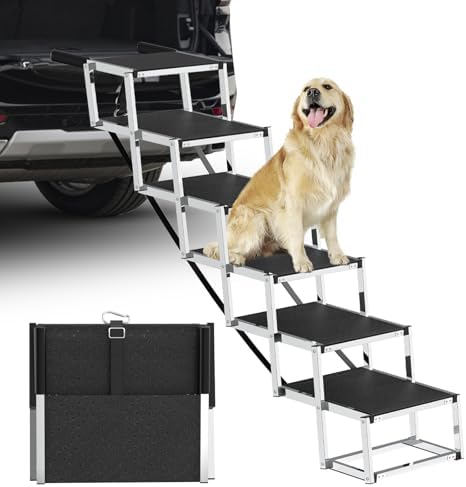 Deergym Dog Stairs for Large Dogs - 5 Step Wide 16in High 34in Foldable Dog Ramp for Car Non-Slip Surface Support up to 230lbs - Suitable for SUV,Truck, Sofas, Bed