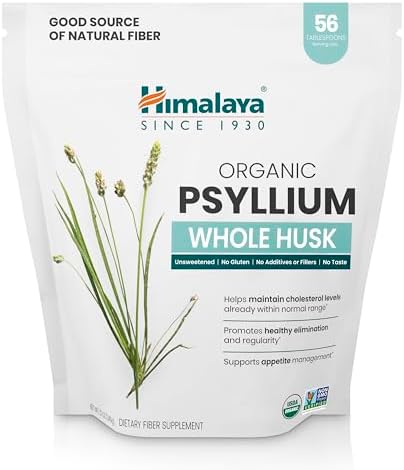 Himalaya USDA Organic Psyllium Whole Husk Powder, Natural Daily Fiber Supplement, Regularity, Appetite Management, Non-GMO, 56-Tablespoon Supply, Unflavored, 12 Oz