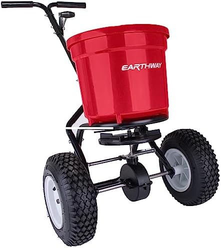 EarthWay 2150 Commercial 50 LB Broadcast Fertilizer Spreader. Heavy-Duty Walk-Behind Push Garden Seeder with Adjustable Drop Rate and Driving