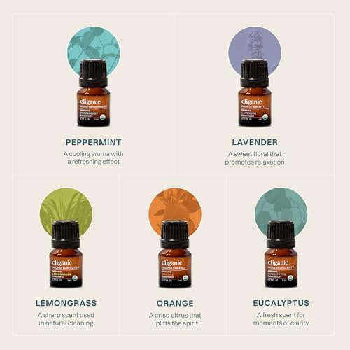 Cliganic Organic Essential Oils Set (Top 5 - The Classics) - 100% Pure Natural - Aromatherapy, Candle Making - Peppermint, Lavender, Eucalyptus