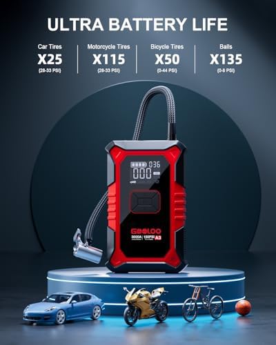 GOOLOO A3 12V 3000A Portable Jump Starter with Air Compressor | Supersafe Car Battery Booster Pack (9L Gas/6.5L Diesel) - BOOST for Dead Battery - 150 PSI Auto-Off Tire Inflator - LED Light
