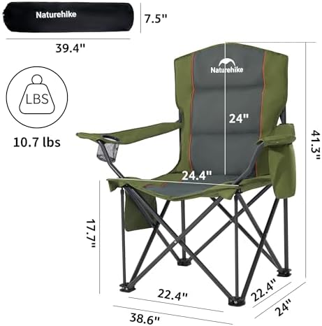 Naturehike Oversized Camping Chair with Cooler Bag, Heavy Duty Lawn Chair Support 450 LBS, Portable Padded Outdoor Folding Chair, 2 Pack