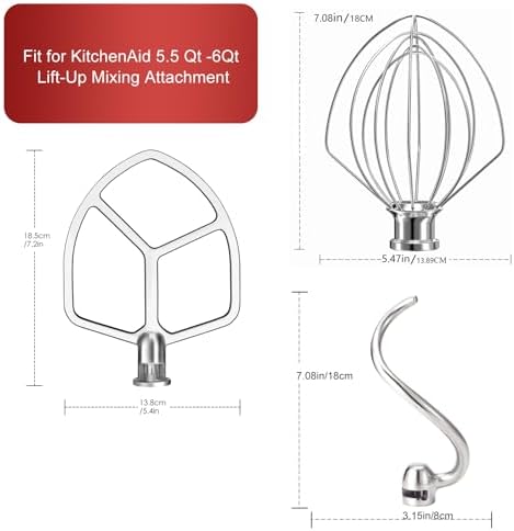 Stainless Steel Stand Mixer Attachments 3-Piece (4.5-5QT Flat Beater, 4.5-5QT Dough Hook, K45WW 6-Wire Whip Attachment) for KitchenAid Tilt-Head Stand Mixer and 4.5-5 Quart Bowl, Dishwasher Safe