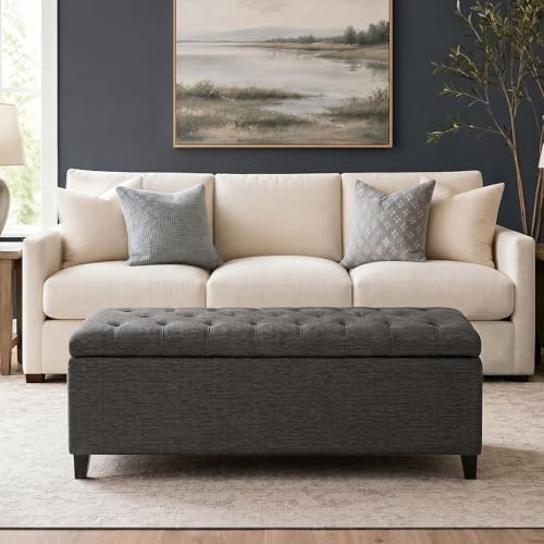 Madison Park 49" Upholstered Storage Bench, Button Tufted End of Bed Bench with Storage, Dual Spring Soft-Close Lid, Bedroom Bench for Queen King Bed, Entryway Living Room, Grey