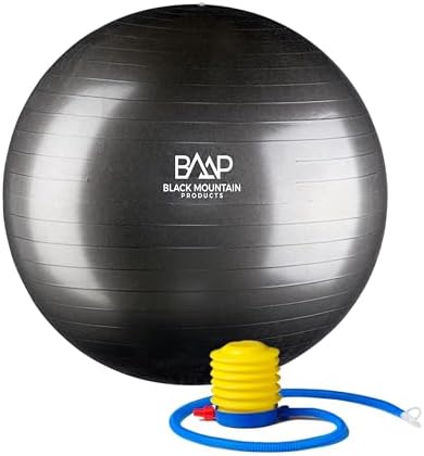 Black Mountain Products Professional Grade Exercise Stability Yoga Ball, Foot Pump, Ball Plug, Plug Puller, 2000 Pounds Static Weight Capacity Antiburst
