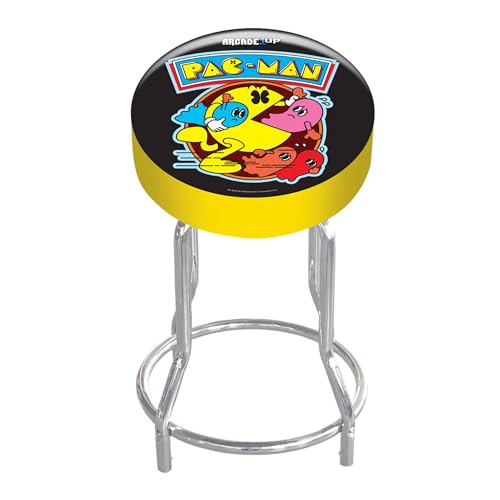 Arcade1Up Adjustable Padded Arcade Game Stool, Steel Frame, Pac-Man, 21.5" to 29.5"- with Leg Extenders, Padded Seat, and Chrome Steel Finish for Home