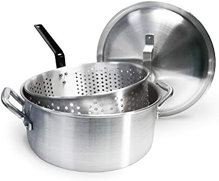 Bayou Classic 1350 14-qt Aluminum Fry Pot w/ Lid and Aluminum Perforated Basket Features Heavy-Duty Riveted Handles Domed Lid Perfect For Frying