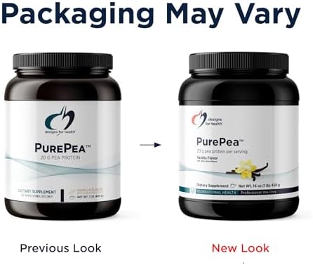 Designs for Health PurePea - 20g Vegan Pea Protein, Non-GMO Natural Drink Mix Powder Supplement, Vanilla (15 Servings / 450g)