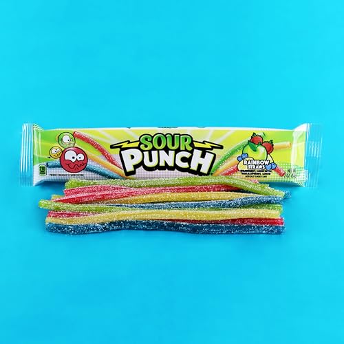 Sour Punch Straws, Rainbow Fruit Flavors, Chewy Sweet & Sour Candy, 2oz Tray (24 Pack)