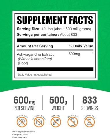 BulkSupplements.com Ashwagandha Root Extract Powder - Ashwagandha Supplement, Herbal Supplement - Vegan & Gluten Free, 600mg per Serving, 1kg (2.2 lbs) (Pack of 1)